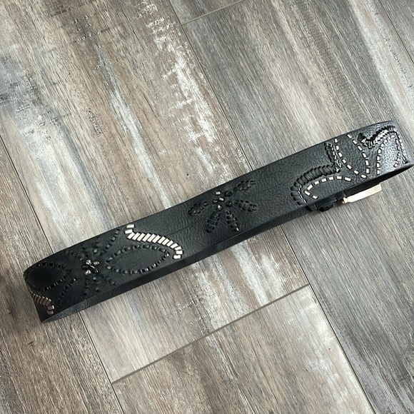 Brighton Opera black wide leather whipstitched flower belt main image 9
